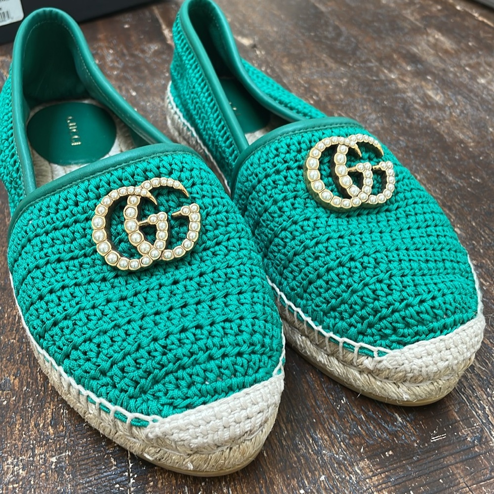 NWT Gucci Crochet Cotone Emerald Espadrilles